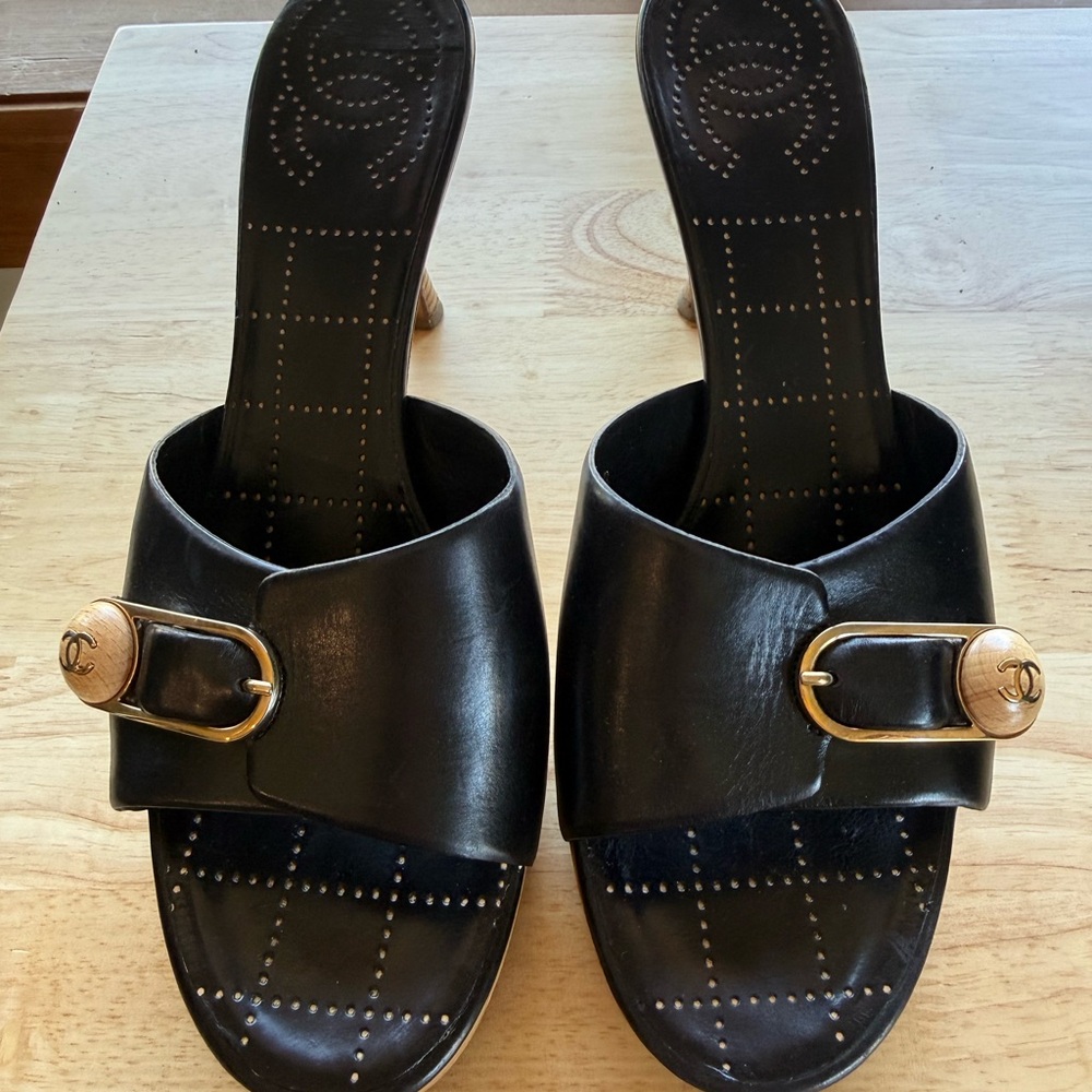 Chanel Black Leather Slide heels with Gold CC Buckle